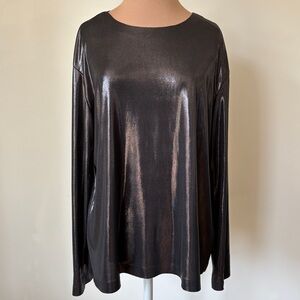 Norma Kamali Metallic Black Shiny Boyfriend Long Sleeve Crew Neck Top EUC Sz XS